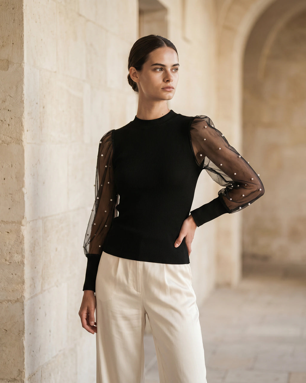 The Camille Pearl Sleeve Crop Top