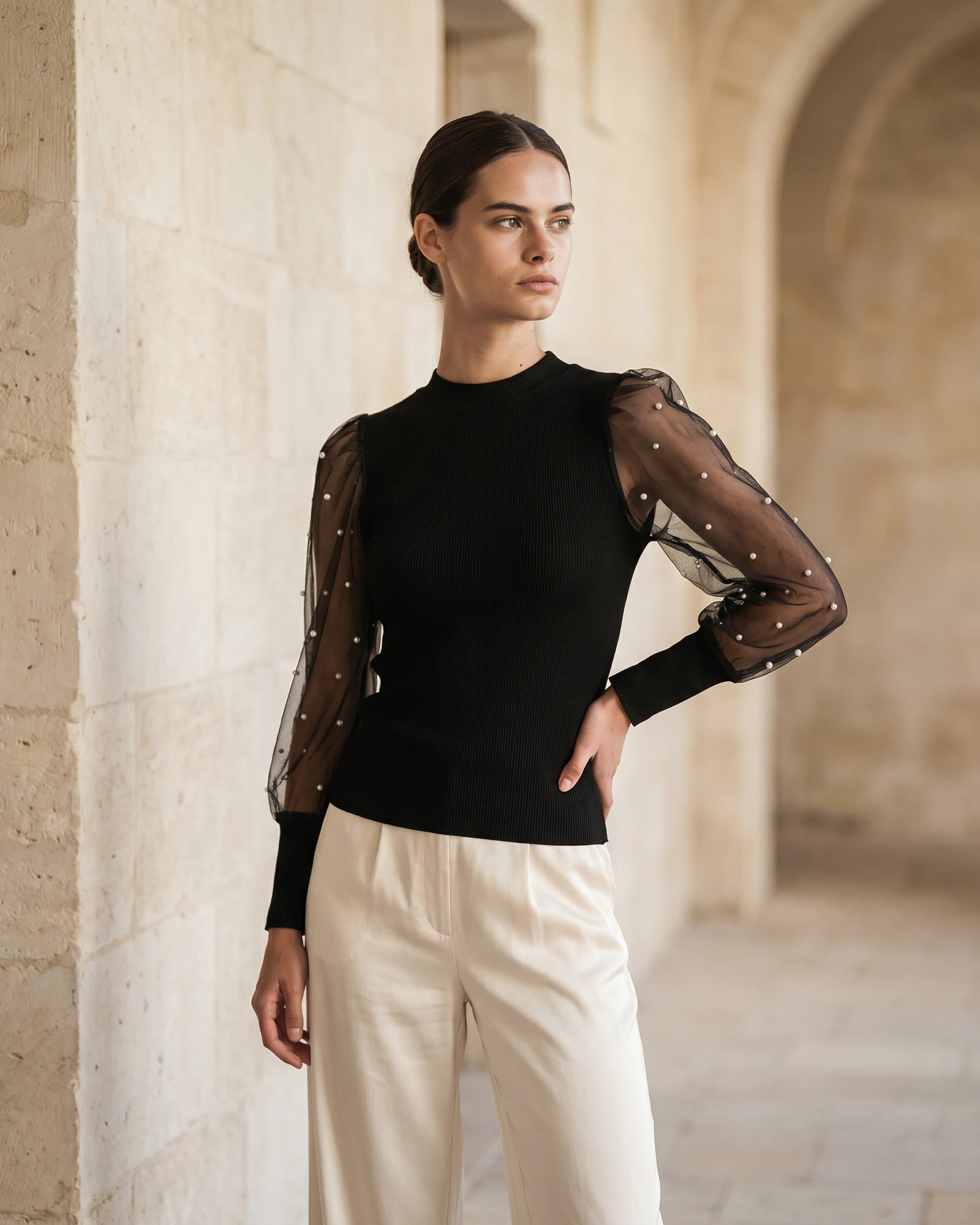 The Camille Pearl Sleeve Crop Top